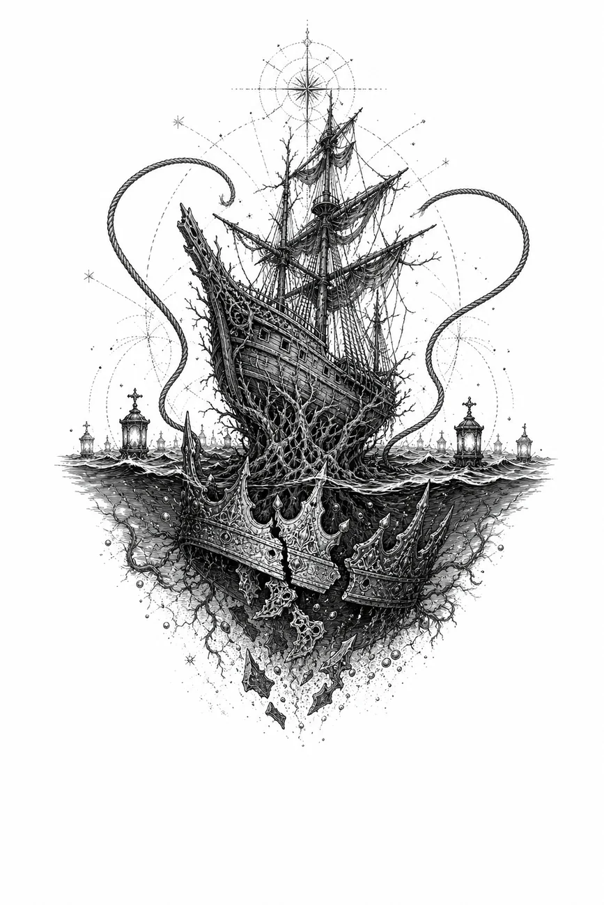 Black ink plate of a crowned ship for The Drowning Crown