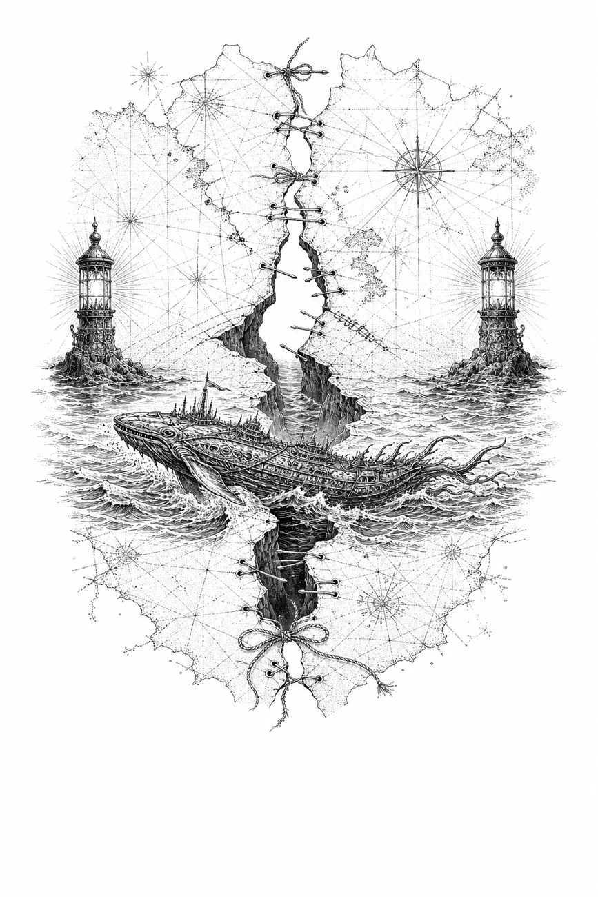 Black ink plate of lighthouses, a whale, and a fractured map for Fault Lines