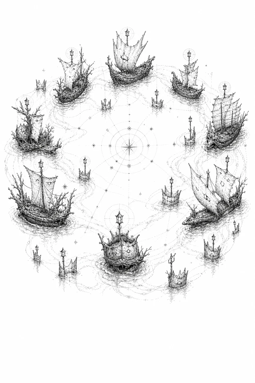 Black ink plate of crowned ships for Ash Fleet