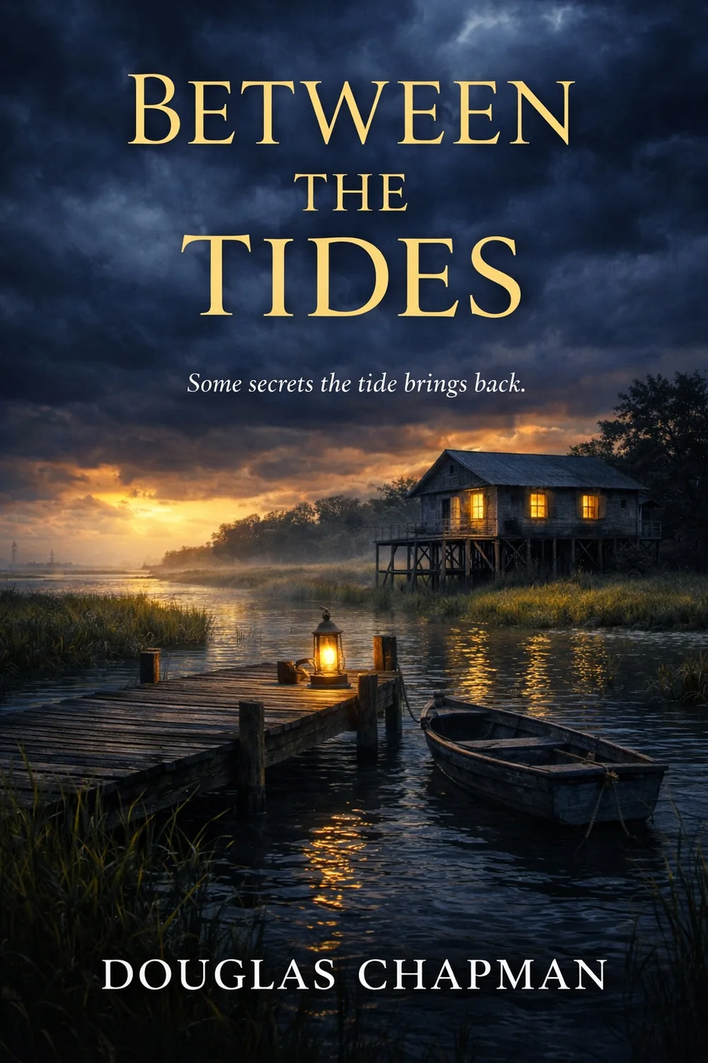 Between the Tides cover showing a remote house reflected in dark marsh water