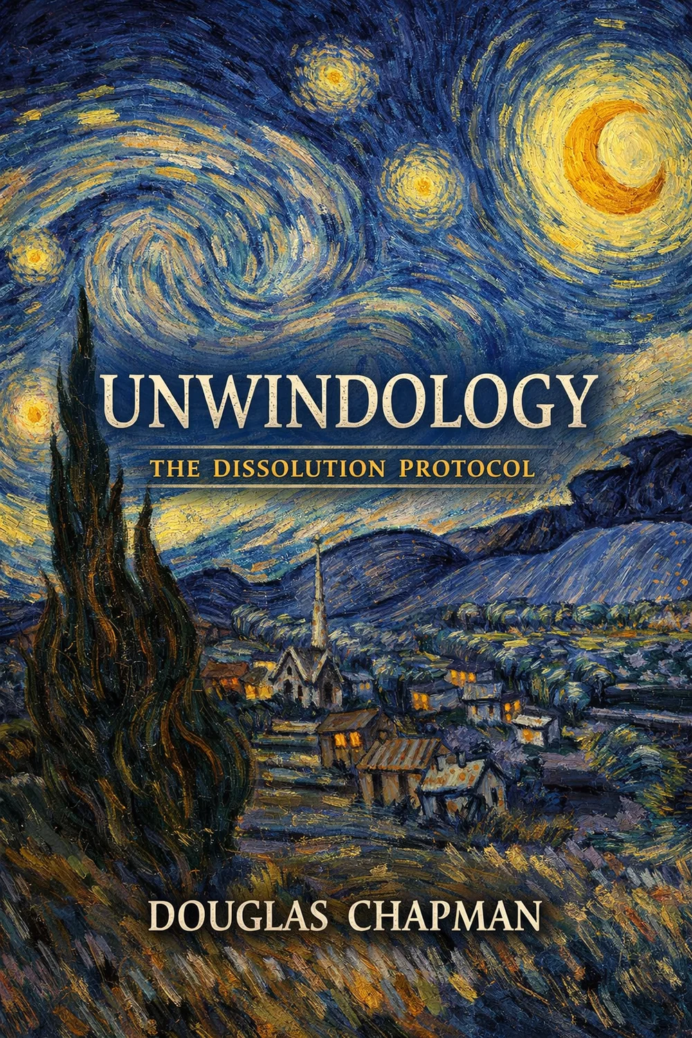 The Dissolution Protocol cover in a swirling blue and gold night landscape
