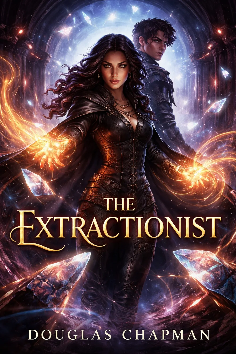 The Extractionist fantasy cover with a woman holding luminous orange magic