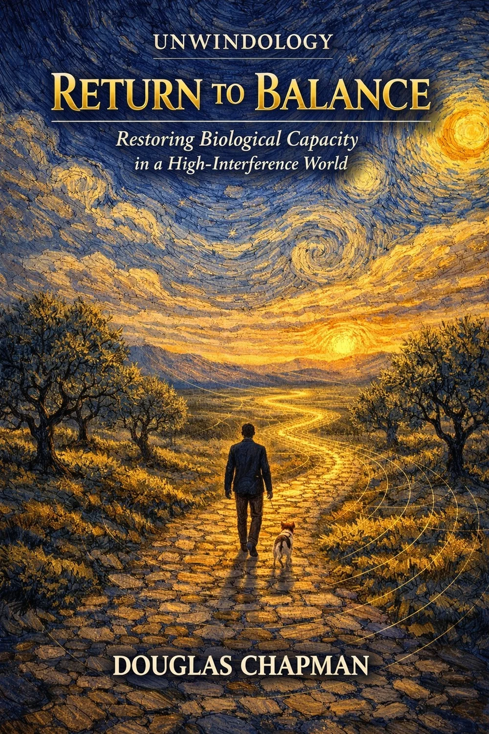 Return to Balance cover in a luminous blue and gold painted night landscape