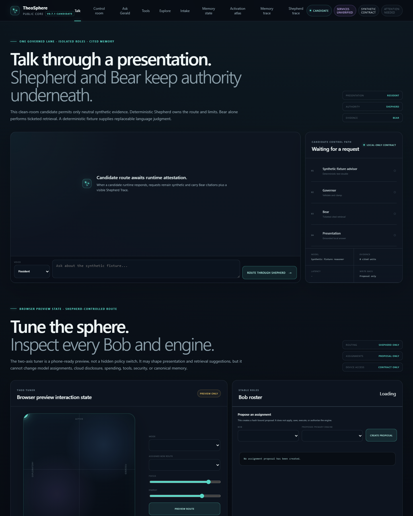 TheoSphere v0.7.1 synthetic public-core control-room engineering preview