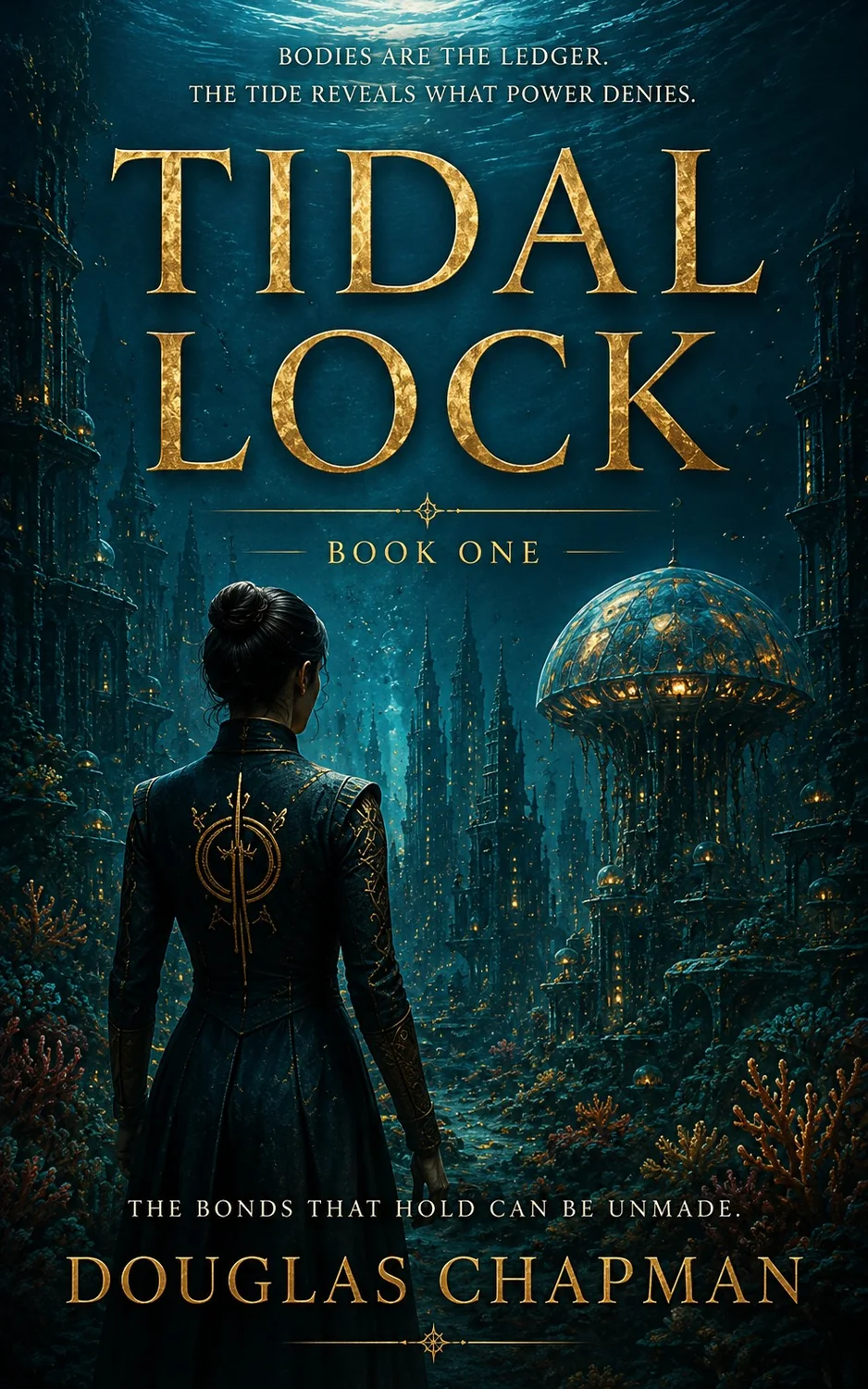 Tidal Lock cover showing an illuminated city beneath a turbulent teal sea