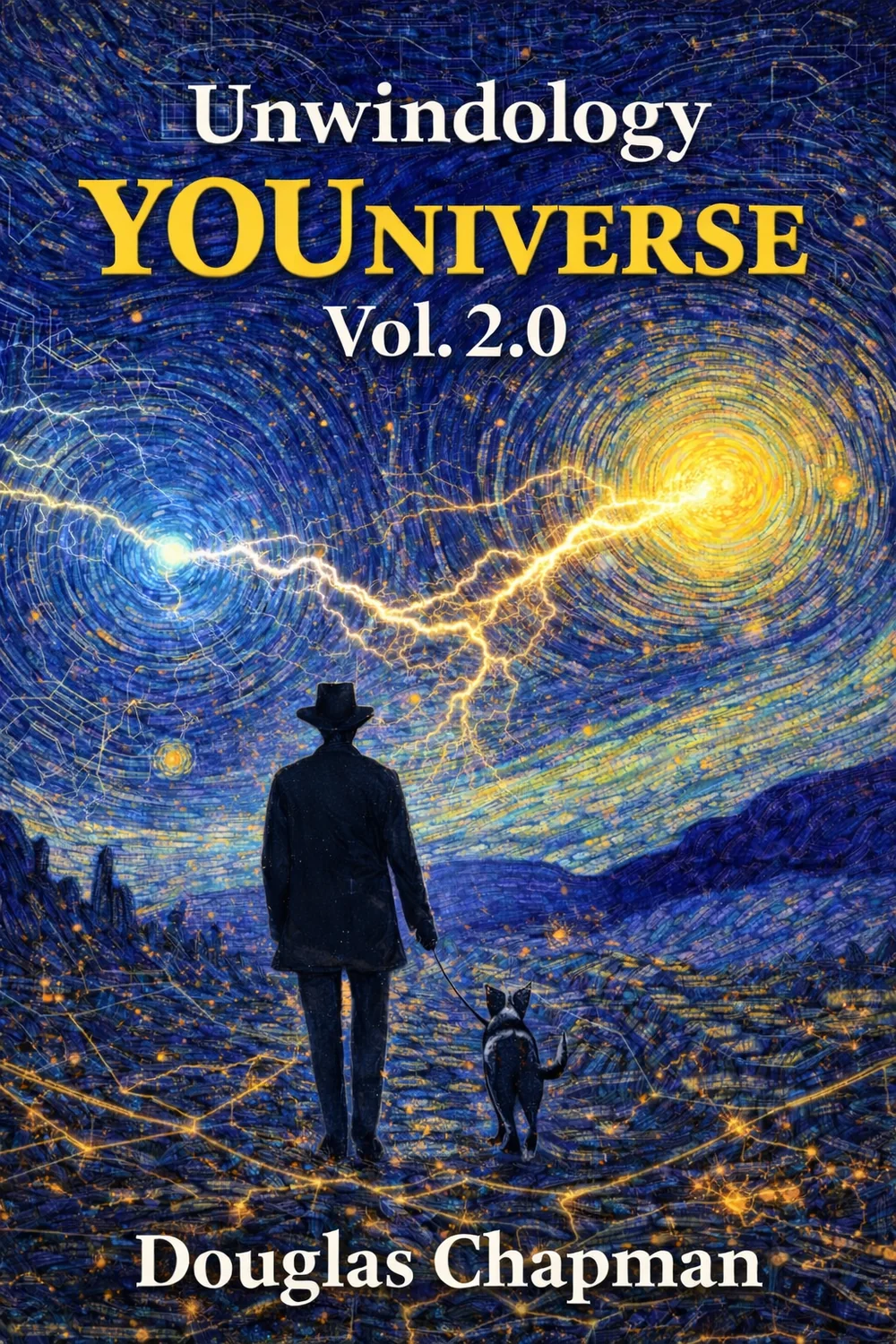 YOUniverse 2 cover with a figure walking into a luminous blue and gold cosmos
